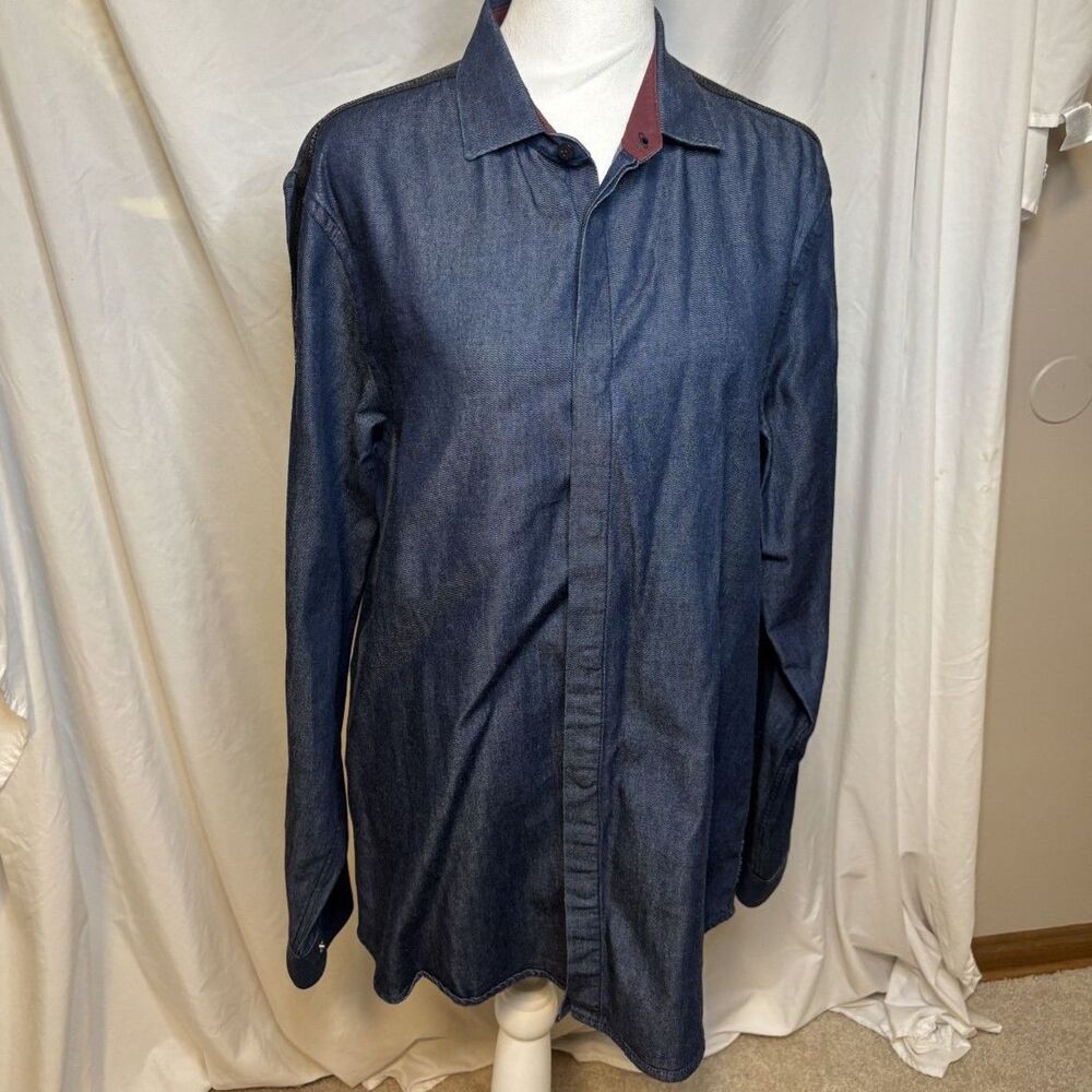 AX Armani Exchange Blue Denim Button Up Jean Jacket Shirt Spell Out